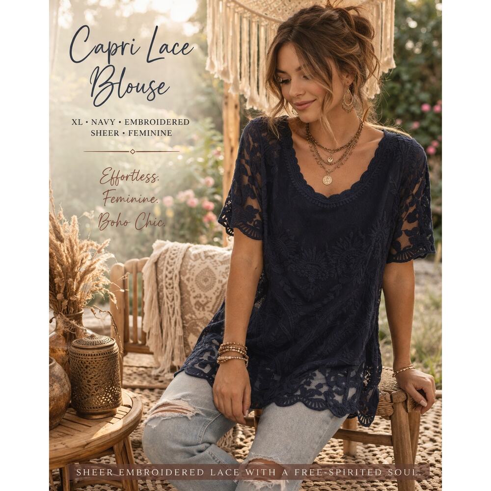 Capri Lace Blouse XL Navy Embroidered Sheer Feminine Boho Top